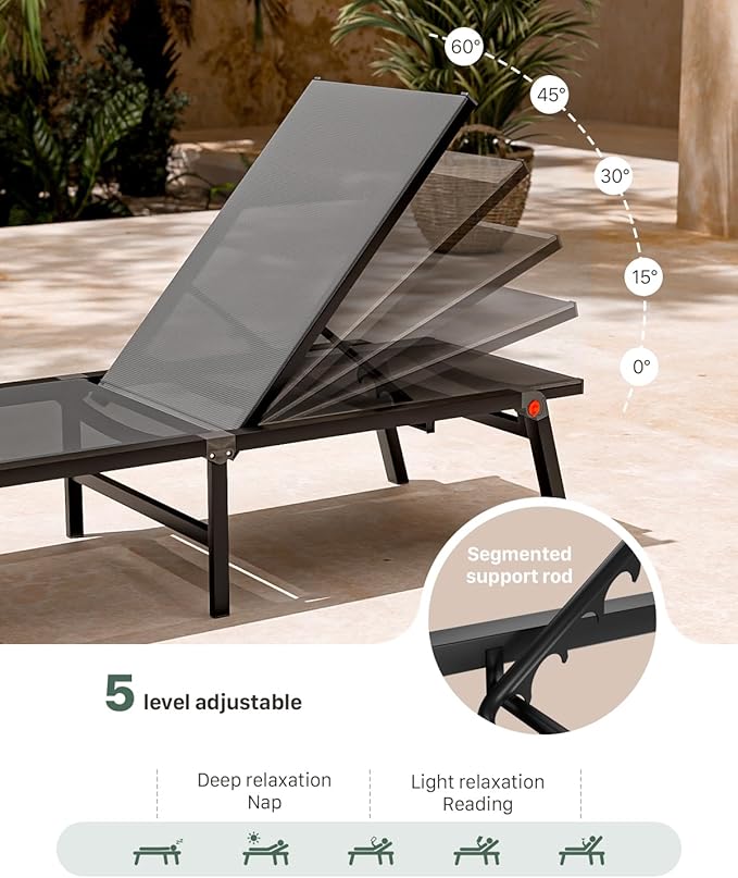 Aluminum Patio Chaise Lounge Chair Set of 2 with Side Table,5-Position Adjustable Backrest,Foldable Lounge Chair Outdoor,Pool Lounge Chairs for Poolside,Lawn,Deck,Beach (Grey, 2 Pack+Table)