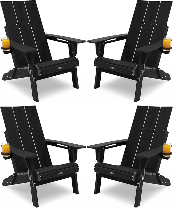 Adirondack Chair with Cup Holder: Folding Adirondack Chairs Set of 4 Plastic HDPE Material Furniture - Modern Composite Fire Pit Chairs Foldable for Outdoor/Backyard/Garden/Lawn/Deck/Porch