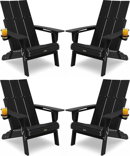 Adirondack Chair with Cup Holder: Folding Adirondack Chairs Set of 4 Plastic HDPE Material Furniture - Modern Composite Fire Pit Chairs Foldable for Outdoor/Backyard/Garden/Lawn/Deck/Porch