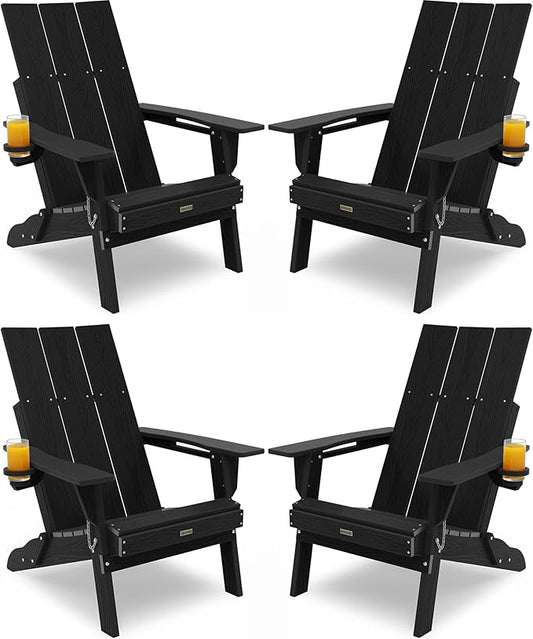 Adirondack Chair with Cup Holder: Folding Adirondack Chairs Set of 4 Plastic HDPE Material Furniture - Modern Composite Fire Pit Chairs Foldable for Outdoor/Backyard/Garden/Lawn/Deck/Porch