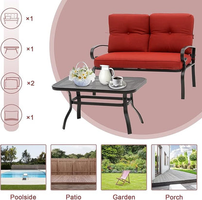 Incbruce Patio Loveseat with Coffee Table - Outdoor Bench with Cushion,2 Piece Wrought Iron Outdoor Loveseat Metal Frame Porch Furniture Set Bench for Patio, Poolside, Garden (Red)