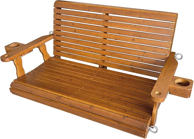 Wooden Porch Swing 2-Seater, High Backrest and Deep Seat, Bench Swing with Cupholders, Hanging Chains and 7mm Springs - Photo 8