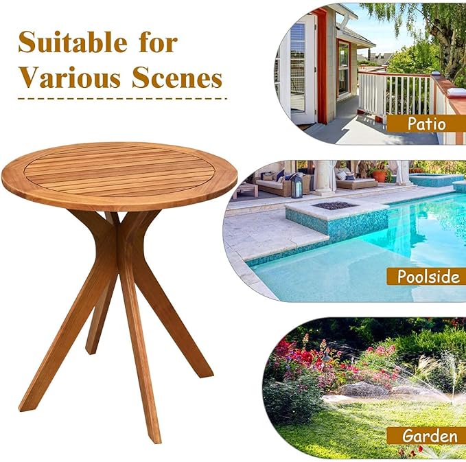 Eucalyptus Wood Round Table, Outdoor Patio Coffee Table, 27.5" x 27.5" x 30", Brown