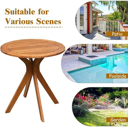 Eucalyptus Wood Round Table, Outdoor Patio Coffee Table, 27.5" x 27.5" x 30", Brown