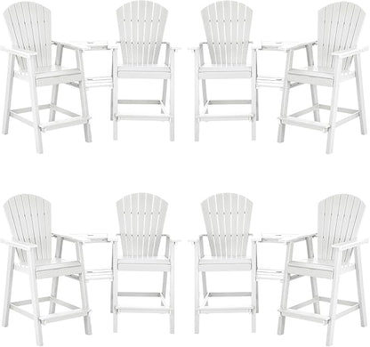 Tall Adirondack Chairs Set of 8, HDPE Balcony Chair with Double Connecting Tray, Weather Resistant Outdoor Adirondack Bar Stools for Patio, Deck, Patio, Backyard, Balcony. (White)