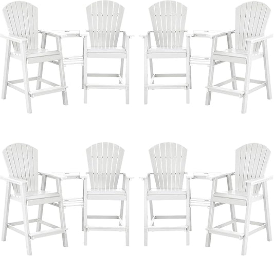 Tall Adirondack Chairs Set of 8, HDPE Balcony Chair with Double Connecting Tray, Weather Resistant Outdoor Adirondack Bar Stools for Patio, Deck, Patio, Backyard, Balcony. (White)