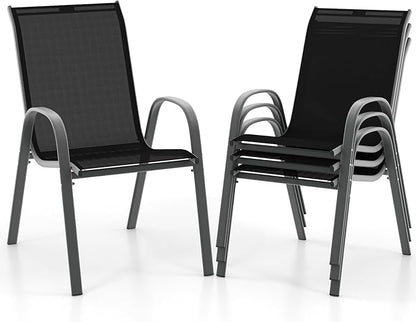 COSTWAY Patio Dining Chairs Set of 4, Stackable Outdoor Chairs with Armrest and High Back, Breathable Fabric & Metal Frame Chair for Garden Poolside Backyard Deck (Black)