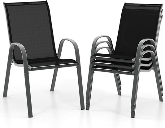 COSTWAY Patio Dining Chairs Set of 4, Stackable Outdoor Chairs with Armrest and High Back, Breathable Fabric & Metal Frame Chair for Garden Poolside Backyard Deck (Black)