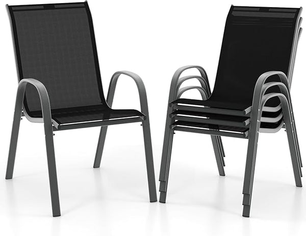 COSTWAY Patio Dining Chairs Set of 4, Stackable Outdoor Chairs with Armrest and High Back, Breathable Fabric & Metal Frame Chair for Garden Poolside Backyard Deck (Black)