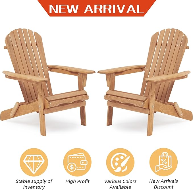KEVINSPACE Folding Adirondack Chair Set of 2, Fire Pit Chairs, Outdoor Pei Plastic/Resin Adirondack Chairs for Adult Weather Resistant Lawn Chair for Garden Campfire Backyard Beach Pool, Wood