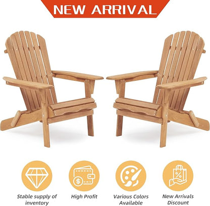 KEVINSPACE Folding Adirondack Chair Set of 2, Fire Pit Chairs, Outdoor Pei Plastic/Resin Adirondack Chairs for Adult Weather Resistant Lawn Chair for Garden Campfire Backyard Beach Pool, Wood