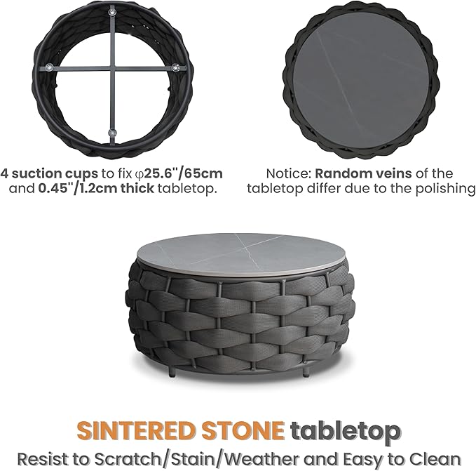 Round Patio Accent Table: φ25.6''/65cm Aluminum Coffee Tables - Hand Woven Rope Side Table Assembled - Metal Modern Outdoor Furniture for 176lbs Deck Porch Garden Pool Balcony Hotel, Dark Gray