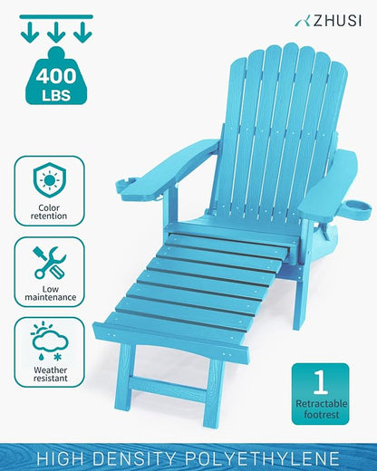 ZHUSI Folding Adirondack Chairs Set of 6 with Retractable Ottoman, Adjustable Adirondack Chair with 2 Cup Holders, Outdoor Chairs for Porch Patio Lawn Balcony Weather Resistant, Lake Blue