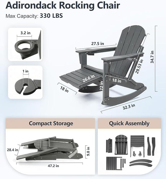 PASAMIC Adirondack Rocking Chairs Set of 2, Foldable All-Weather HDPE Patio Rockers with Retractable Ottoman & Cup Holder, Outdoor Chairs for Porch Backyard Pool Garden Balcony, Gray