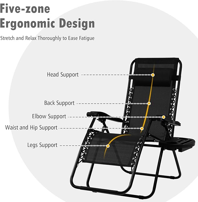 Tangkula Set of 2 Zero Gravity Chair, Folding Patio Lounge Chair Adjustable Outdoor Recliner with Cup Holder - Photo 9