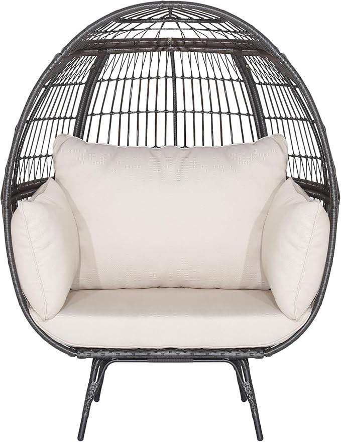 Tangkula Oversized Wicker Egg Chair, Stationary Patio Lounge Basket w/ 4 Soft Cushions, Stable Metal Frame, Gorgeous Indoor Outdoor Lounge Chair, Ideal for Living Room, Backyard, 450 LBS Max Load