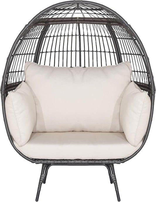 Tangkula Oversized Wicker Egg Chair, Stationary Patio Lounge Basket w/ 4 Soft Cushions, Stable Metal Frame, Gorgeous Indoor Outdoor Lounge Chair, Ideal for Living Room, Backyard, 450 LBS Max Load