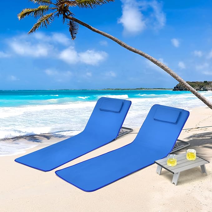 COSTWAY 3-Piece Beach Lounge Chairs, Outdoor Lounger with Side Table, 5 Reclining Positions, Lightweight & Portable Tanning Chairs for Sunbathing, Camping (Navy)