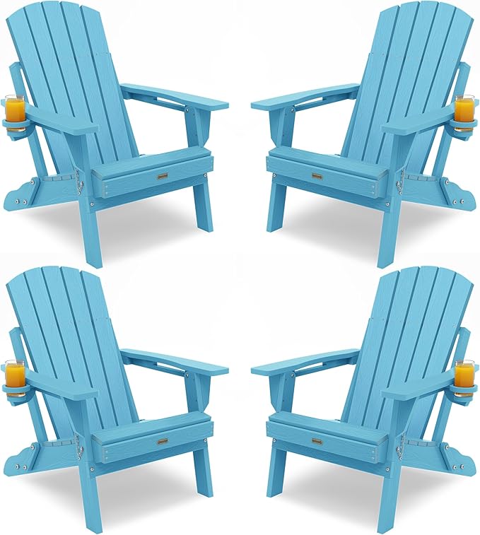 Adirondack Chair with Cup Holder: Adirondack Chairs set of 4 Plastic HDPE Material Furniture - Composite Fire Pit Chairs Foldable for Outdoor/Backyard/Garden/Lawn/Deck/Porch/Patio