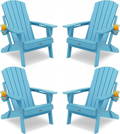Adirondack Chair with Cup Holder: Adirondack Chairs set of 4 Plastic HDPE Material Furniture - Composite Fire Pit Chairs Foldable for Outdoor/Backyard/Garden/Lawn/Deck/Porch/Patio