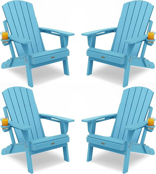 Adirondack Chair with Cup Holder: Adirondack Chairs set of 4 Plastic HDPE Material Furniture - Composite Fire Pit Chairs Foldable for Outdoor/Backyard/Garden/Lawn/Deck/Porch/Patio