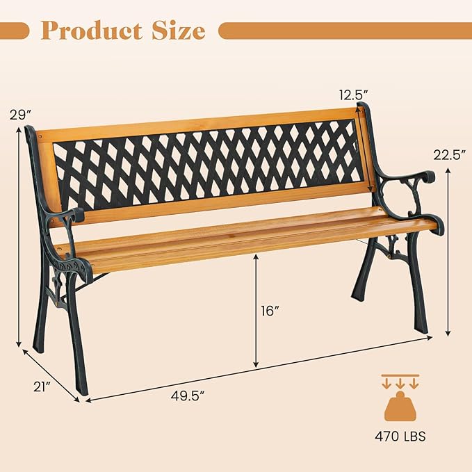 Giantex 49.5" 3-Person Outdoor Bench with Lattice Pattern Backrest, 470 Lbs Capacity, Slatted Seat, Curved Armrests, Cast Iron Metal Bench for Garden, Outside, Patio, Porch, Yard, Park