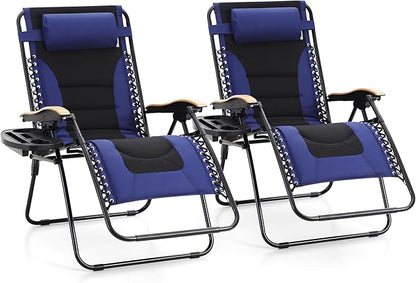 MAISON ARTS Oversized XXL Padded Zero Gravity Chair Set of 2, 30" Wide Seat Foldable Patio Recliner, Anti Gravity Outdoor Lawn Chair with Cup Holder & Pillow, Supports 400lbs, Blue