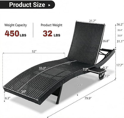 Wicker Outdoor Lounge Chairs with Rolling Wheels, Pool Lounge Chairs Set of 6, Rattan Outdoor Lounger with Pull Out Side Table, Adjustable Backrest Patio Chaise Lounges, Black