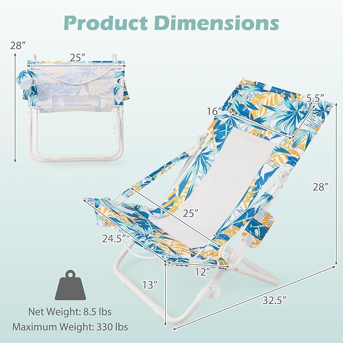 GYMAX Beach Chair Set of 2, Folding Sling Chairs with Headrest, Cup Holder & Shoulder Strap, 330 LBS Portable Patio Lounge Chairs for Outside, Camping, Lawn, Deck, Backyard, Poolside (Blue,2 Pcs)