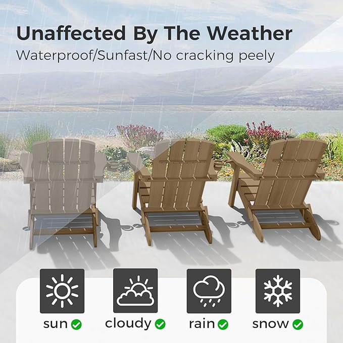 Folding Adirondack Chair with Wood Texture, HDPE All-Weather Fire Pit Chairs, Plastic Adirondack Chairs with 2 Cup Holder, Outdoor Lawn Chair for Patio Garden (Teak)