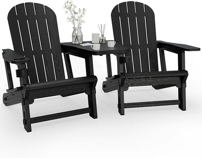 Vongrasig Adirondack Chairs Set of 2 with Removable Tabletop, All-Weather HDPE Outdoor Chair Set with Wooden Textured, Cup Holder for Patio, Poolside, Deck, Garden, Black