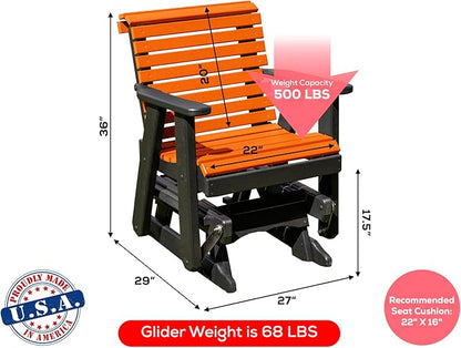 Amish Craftsmanship Made in USA 2FT Heavy Duty Poly Lumber Wood Porch Patio Glider HDPE with No Wood fibers Lancaster Series Rollback Design 500 lbs Limit Orange on Black