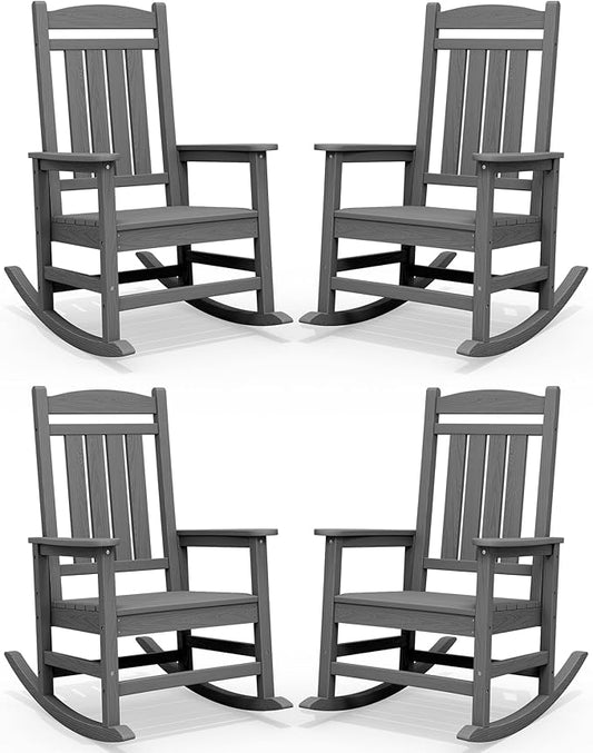 SERWALL Outdoor Rocking Chair Set of 4, HDPE Patio Rocking Chair, All-Weather Porch Rocker for Balcony, Yard, Dark Gray