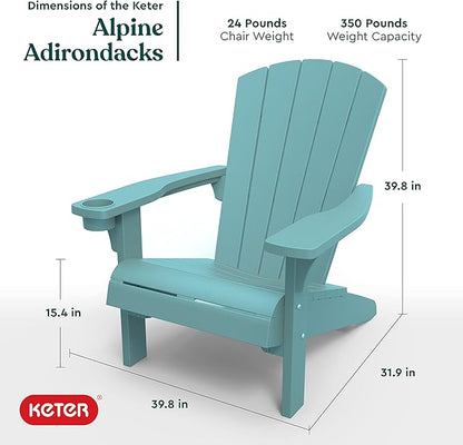 Keter Alpine Adirondack 2 Pack Resin Outdoor Furniture Patio Chairs with Cup Holder-Perfect for Beach, Pool, and Fire Pit Seating, Teal