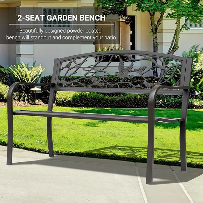 50" Cast Steel Metal Garden Bench, Floral Pattern for Yard, Lawn, Porch Porch, Brown