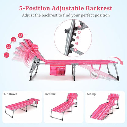 Goplus Tanning Chair, Folding Adjustable Patio Lounge Chair with Face Hole, Removable Pillow, 330LBS, Carry Strap, Outdoor Sunbathing Chair, Lightweight Portable Beach Lounge Chair, No Assembly