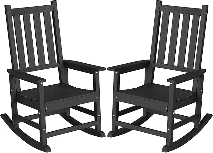 HDPE Outdoor Rocking Chair Set of 2, Oversized Rocking Chairs with Widened Seats & High Backs (2, Black)