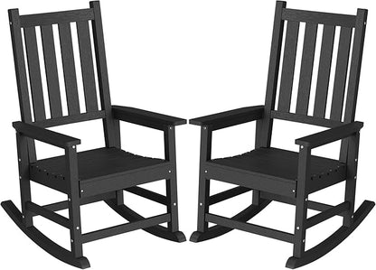 HDPE Outdoor Rocking Chair Set of 2, Oversized Rocking Chairs with Widened Seats & High Backs (2, Black)