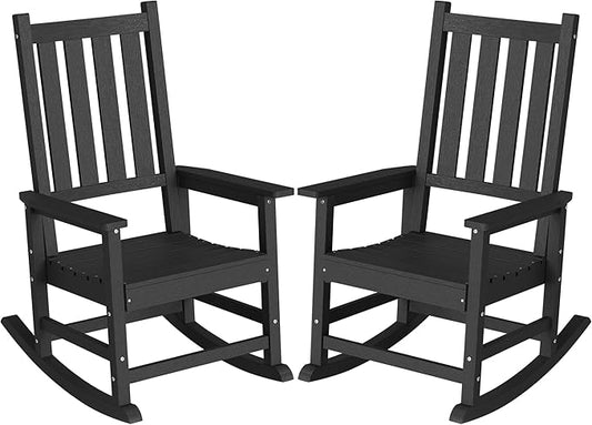 HDPE Outdoor Rocking Chair Set of 2, Oversized Rocking Chairs with Widened Seats & High Backs (2, Black)