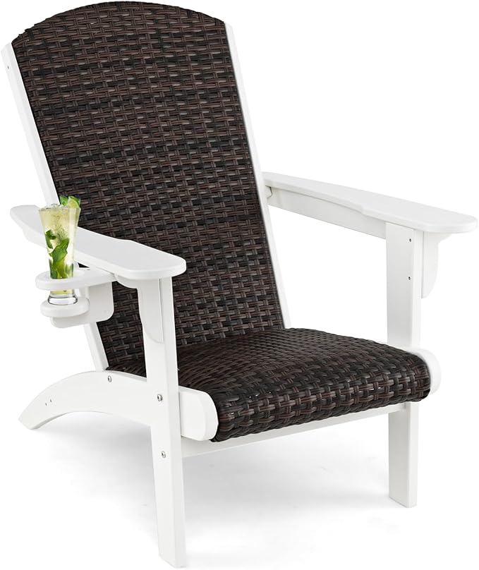 Tangkula Patio Wicker Adirondack Chair, HDPE Lounge Chair w/Rattan Padded Seat & Back, Wide Armrests & Hidden Cupholder, Outdoor All-Weather Adirondack Fire Pit Chair for Backyard, Lawn (1, White)