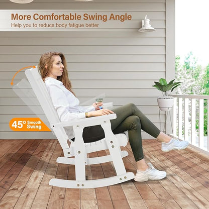 VINGLI Outdoor Rocking Chair, Heavy Duty 600 LBS Wooden Rocking Bench with Comfortable Backrest, Weatherproof Patio Rocker with Ergonomic Design, Wood Rocking Chair for Patio, Garden (White, 1PC)