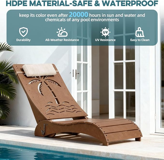 in Pool Lounge Chairs Set of 4, HDPE Pool Chaise Loungers for Sun Shelf up to 9 Inches, Fade-Resistant, 3-Position Adjustable Backrest with Headrest, Ergonomic Poolside Lounger, Teak