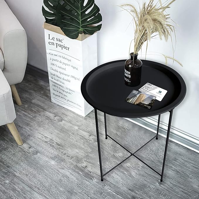 Garden 4 you End Table 2 PCS Metal Side Table Black Round Folding Tray Cyan Sofa Small Accent Fold-able Table - Photo 10