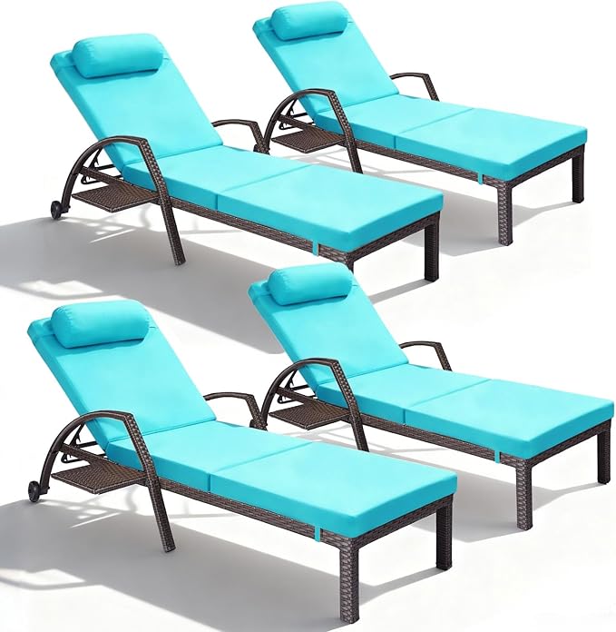 Patio Chaise Lounge Chairs Set of 4 Wicker Pool Lounge Chairs Outdoor with 5 Adjustable Back & Removable Cushion & Tray Tanning Chair Sun Loungers for Patio Poolside Deck Beach