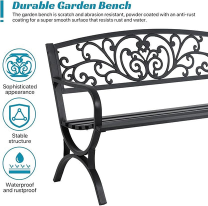 Dkelincs Outdoor Benches Memorial 50" Extra Wide Patio Park Metal Waterproof Garden Bench with Armrests Arched Legs Floral Backrest for Outside Porch Backyard Park,Black