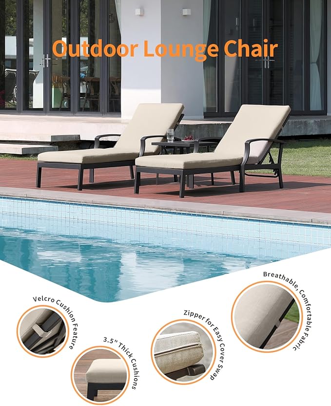 3 Pieces Outdoor Chaise Lounge Set, Aluminum Pool Lounge Chairs with Side Table, Patio Lounge Chairs with Gray Cushions, Outdoor Lounger Pool Furniture Set for Poolside, Beach, Yard, Gunmetal