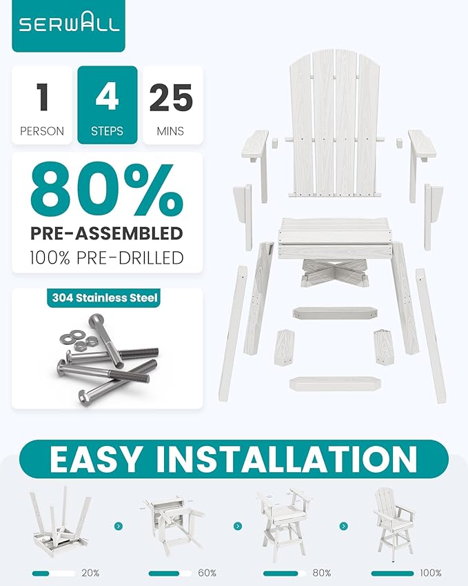 SERWALL Swivel Adirondack Barstools Set of 2, HDPE Outdoor Swivel Bar Chairs Set of 2 for Patio, Poolside, Garden, White - Photo 6