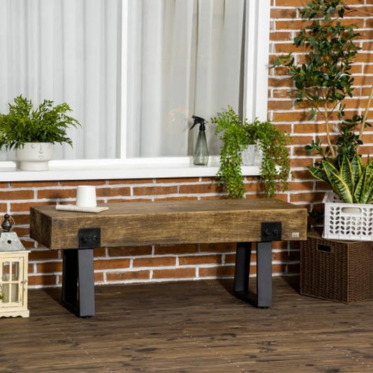 Wood-Effect Concrete Garden Bench with Metal Legs, Rustic Indoor Outdoor Bench for Patio Porch Entryway & End of Bed, All-Weather Durable Furniture, Natural and Black