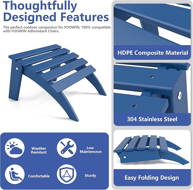 FOOWIN Folding Adirondack Ottoman, HDPE All Weather Adirondack Footrests, Ottoman for Adirondack Chair,Patio Footstool for Outside Easy Storage,for Patio, Backyard, Porch, Garden, Navy Blue