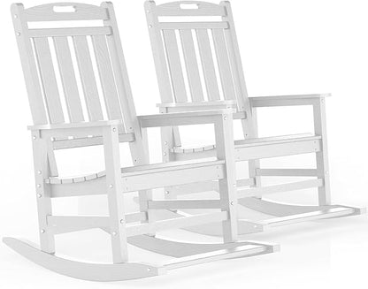 LOUNZY Outdoor Rocking Chair with Footboards Set of 2, HDPE Rocking Chair Patio Porch Rocker with 380lbs Support for Adult, White